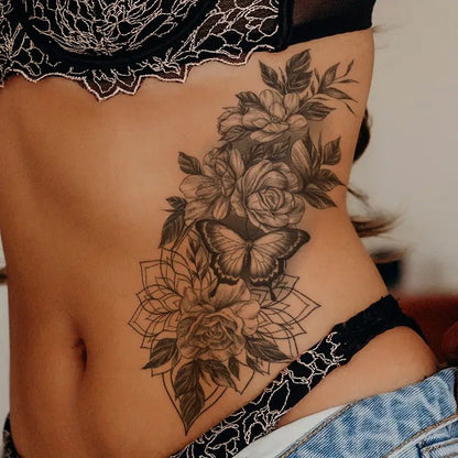6 Pcs Waterproof Black Flower Pattern Body Tattoo Stickers - Durable, Long-Lasting for 3-5 Days, Suitable for Men and Women on Arm, Chest, Tummy, Back