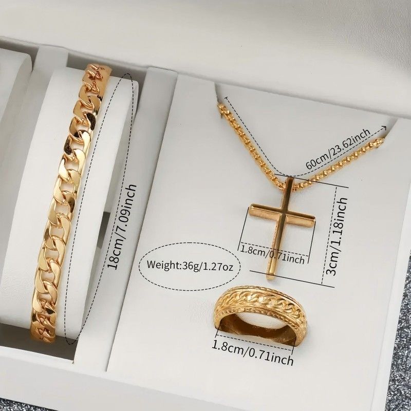 4Pcs/Set Fashion Watch Bracelet Necklace Ring Set Men Watches Men's Watches Quartz Business Watches Male Wrist Watch Men Light Luxury Business Watches Jewelry