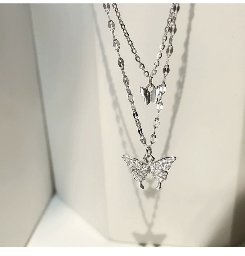 Double-layer Butterfly Necklace Female Necklace Niche Temperament Simple New Style Advanced Design Titanium Steel Does Not Fade