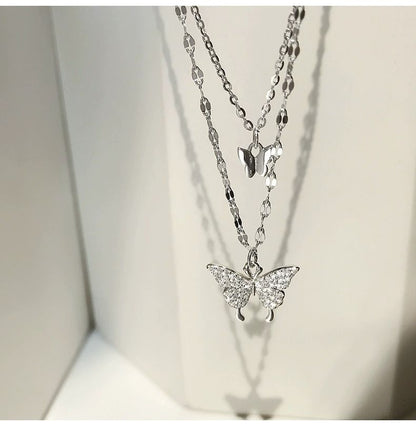 Double-layer Butterfly Necklace Female Necklace Niche Temperament Simple New Style Advanced Design Titanium Steel Does Not Fade