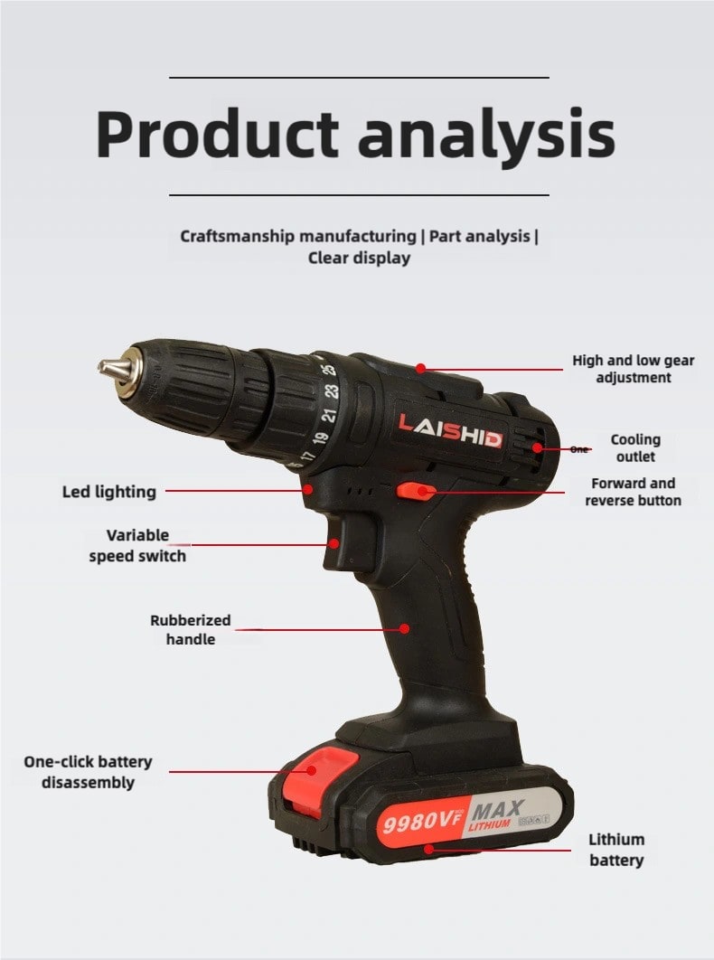 Two 21V batteris LAISHID brand Electric Cordless Drill,charging electric screwdriver, Power Drill Cordless, Charger 21 Volt Drill Driver Kit, Drills Cordless Setttery