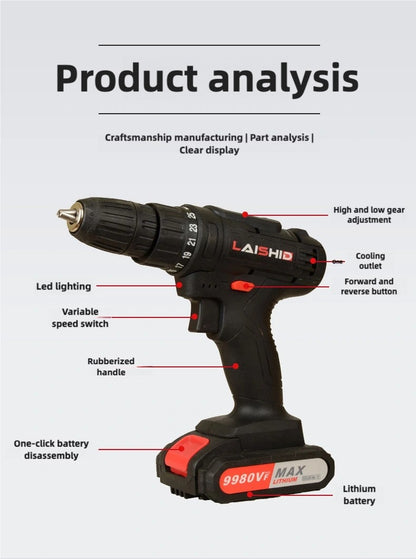 Two 21V batteris LAISHID brand Electric Cordless Drill,charging electric screwdriver, Power Drill Cordless, Charger 21 Volt Drill Driver Kit, Drills Cordless Setttery