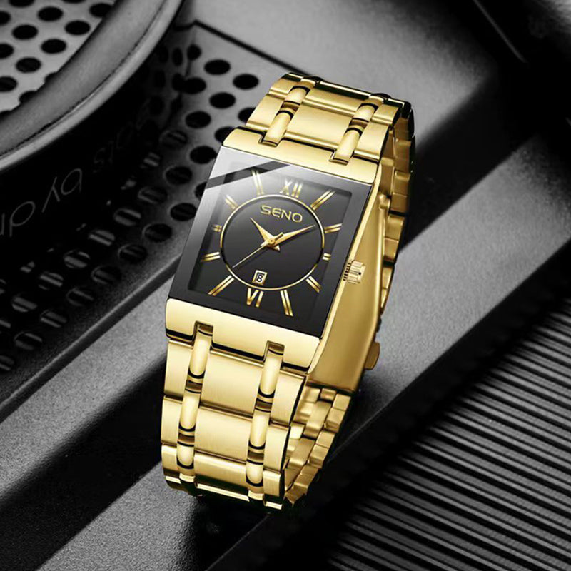 SENO Luxury Gold Full Steel Watches Mens Square Quartz Calendar WristWatch For Men Sport Waterproof