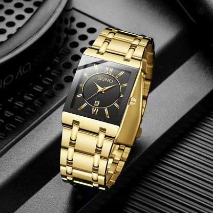 SENO Luxury Gold Full Steel Watches Mens Square Quartz Calendar WristWatch For Men Sport Waterproof