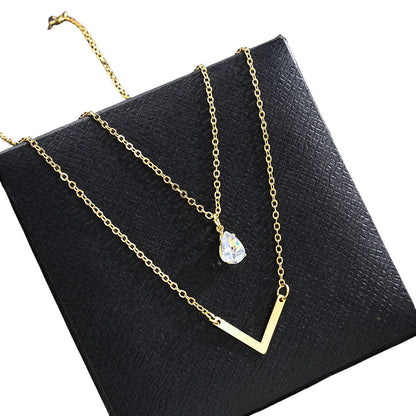 New V-Shaped Water Drop Zircon Necklace 2-Piece Set Creative Simple Geometric Niche Necklace Set Women