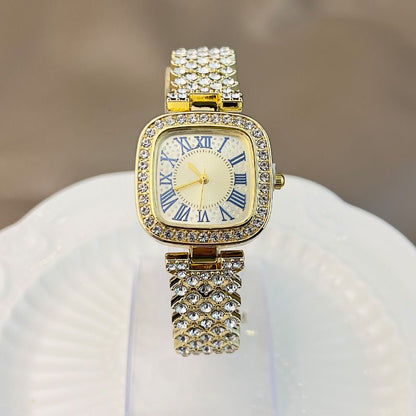 Ladies' quartz watch with starry sky and diamond inlay, ladies' small square watch with fashionable temperament, full diamond square bracelet, quartz women's watch