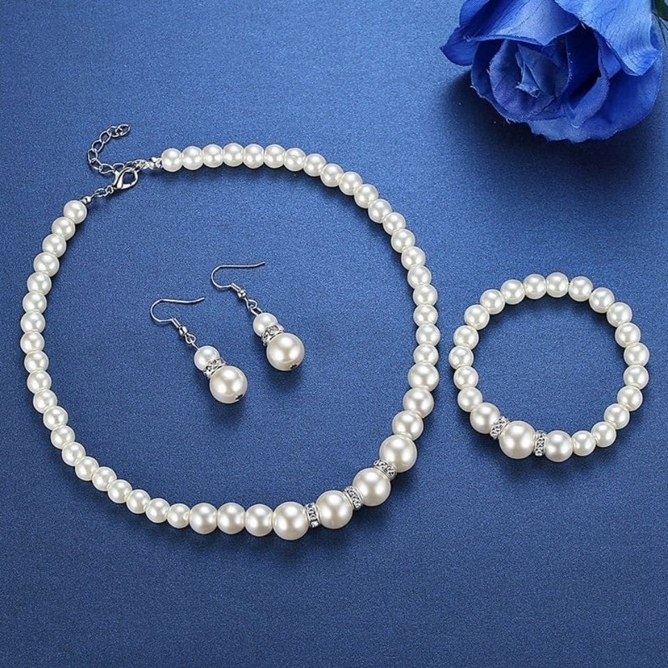 Pearl Jewelry Set for Women, necklace, earrings, bracelet, three-piece set, gift for mom, beautiful wedding photo accessories