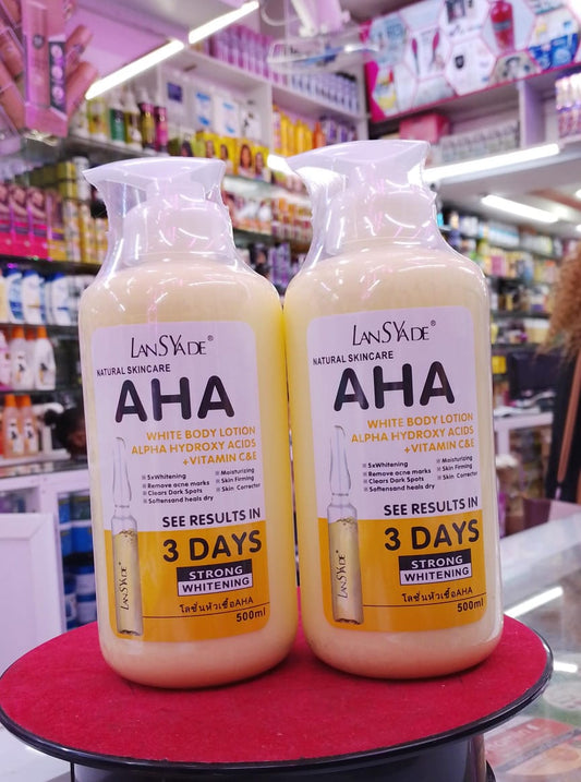 Two bottles of LanSyde AHA white body lotion on a round black surface with a store shelf in the background.