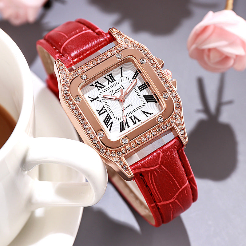 Women Diamond Watch Starry Square Dial Bracelet Watches Set Ladies Leather Band Quartz Wristwatch Female Clock Jewelry Gifts With Rhinestone Valentines Gift Couple Watches
