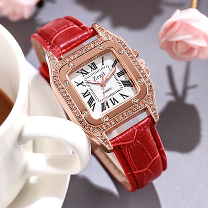 Women Diamond Watch Starry Square Dial Bracelet Watches Set Ladies Leather Band Quartz Wristwatch Female Clock Jewelry Gifts With Rhinestone Valentines Gift Couple Watches