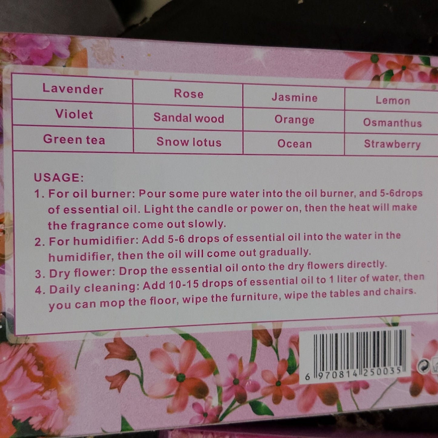 12 pcs Essential Oil Set for diffuser, humidifier, Aromatherapy Scents: Lavender Violet Green Tea Rose Sandal wood Snow Lotus Jasmine Orange Ocean Lemon Osmanthus Strawberry