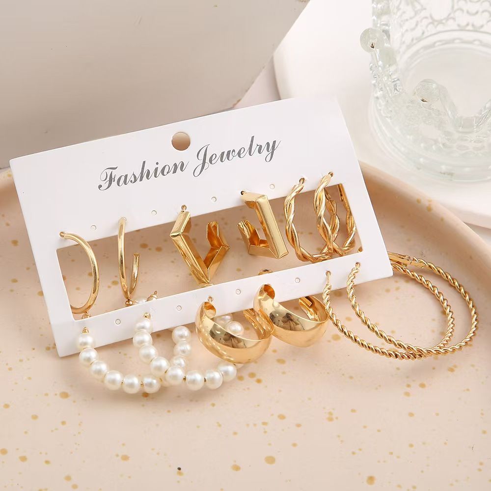 6 pairs of earring set New vintage pearl earrings set 6 pairs of stylish personality creative metallic earrings several shape earrings for women