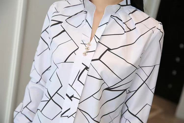 Blouses Smooth Cut Plus-Size Women's White Chiffon Shirt Fashion Commuter Striped Print Casual Long-Sleeved Top