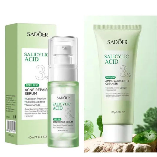 2 in 1 SADOER Set, Acne Repair Cleanser + Serum with 3% Salicylic Acid Collagen Peptide and Niacinamide, Centella Asiatica and Niacinamide, Can add Vitamin C,Remove Acne, Moisturize, Face Soothing