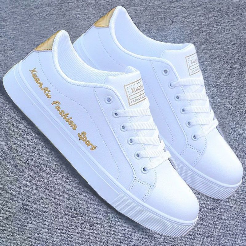 Men's casual PU artificial leather shoes Boys white sports shoes fashion running shoes driving shoes students single shoes athletic skateboarding shoes sneakers white + gold