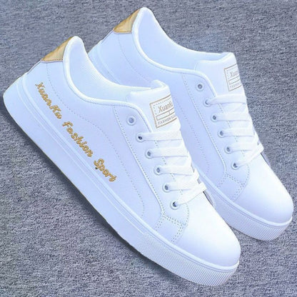 Men's casual PU artificial leather shoes Boys white sports shoes fashion running shoes driving shoes students single shoes athletic skateboarding shoes sneakers white + gold
