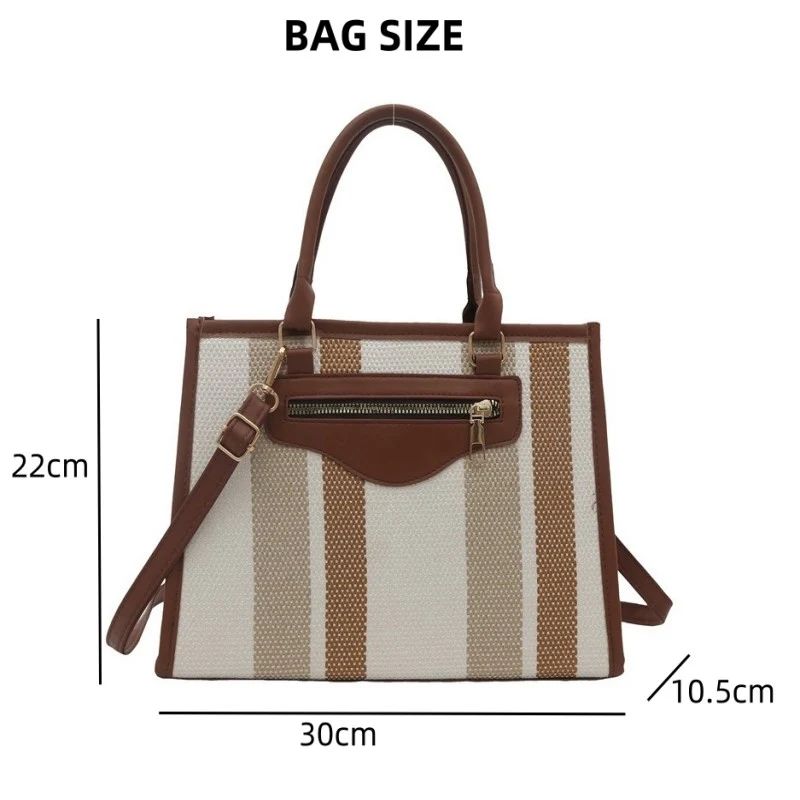 Mateamoda Elegant Striped Tote Bag with Rich Leather Accents Crossbody Bag Underarm Handbag