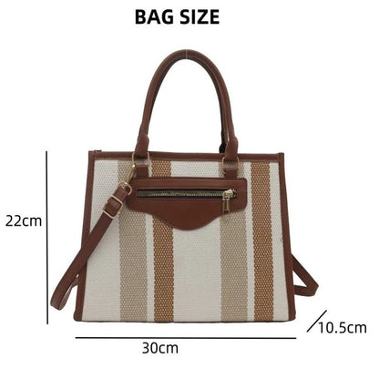 Mateamoda Elegant Striped Tote Bag with Rich Leather Accents Crossbody Bag Underarm Handbag