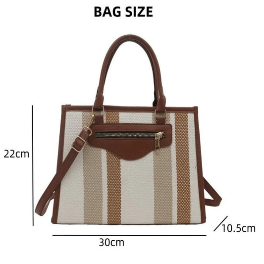 Mateamoda Elegant Striped Tote Bag with Rich Leather Accents Crossbody Bag Underarm Handbag