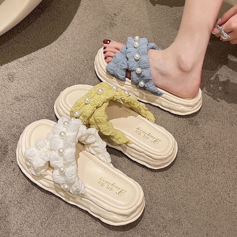 Open Shoes New Fairy Style Platform Dissolved Shoes Seaside Beach Slippers Ins Pearl Sandals Women's Outer Wear Indoor Slippers Blue