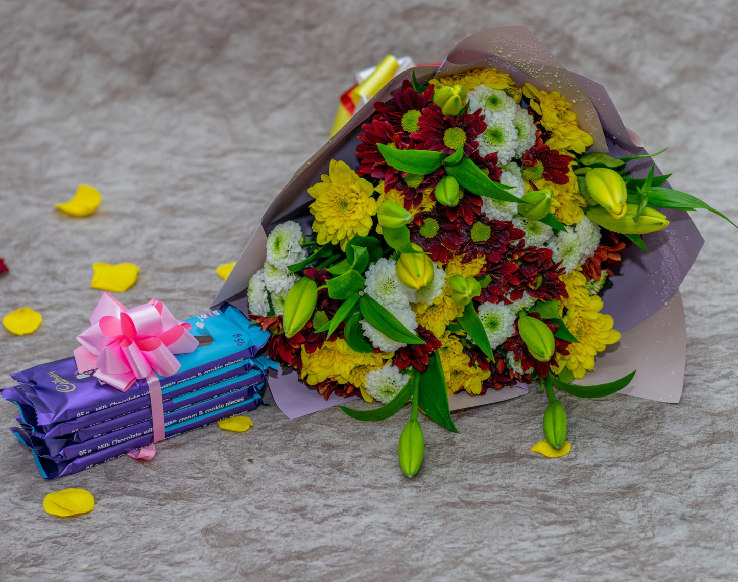 Lilies and Mums Bouquet and Oreo Chocolates.