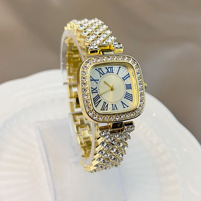 Ladies' quartz watch with starry sky and diamond inlay, ladies' small square watch with fashionable temperament, full diamond square bracelet, quartz women's watch