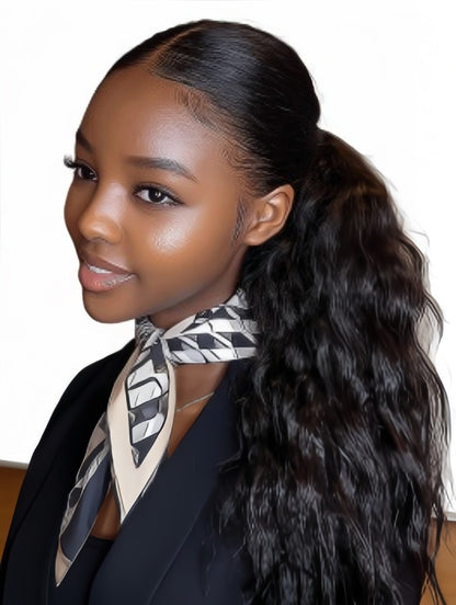 Velcro Ponytail Extension for Instant Volume | Long Curly Hair with Big Waves & Invisible Attachment (Black, 18 Inch, Secure Fit, Daily/Special Occasion Use)