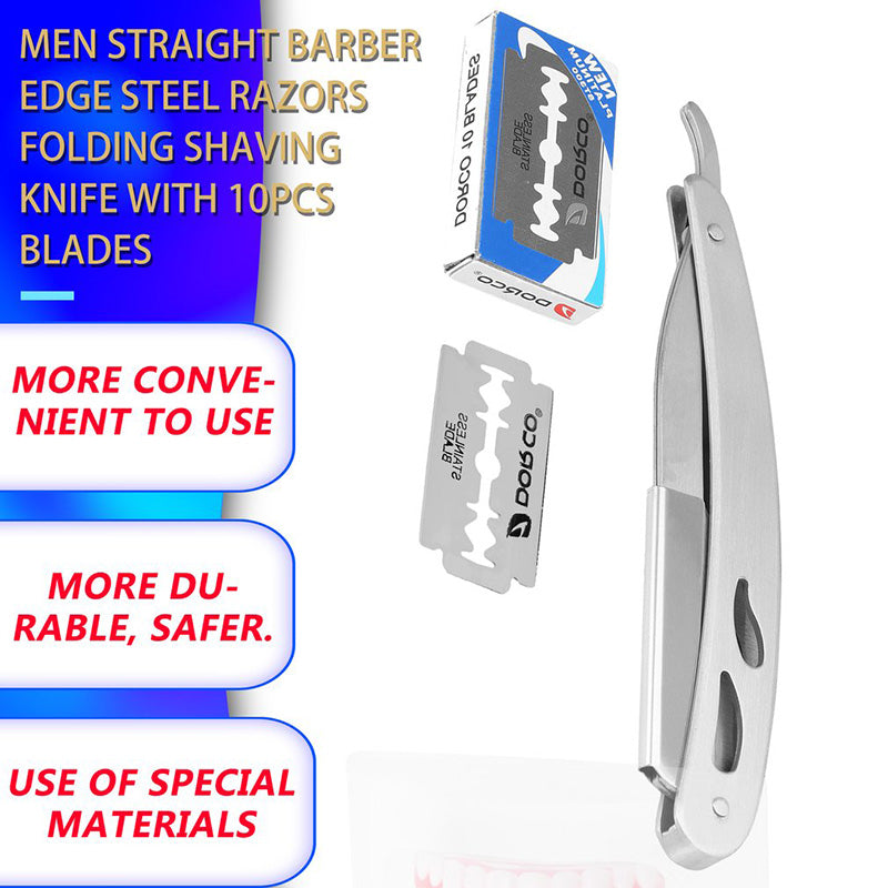 Stainless Steel Folding Knife With 10 Blades Barber Hair Removal Kit Clipper Men's Straight Hairdresser Razor Hair Removal Shaving Armpit Hair Pubic Hair Folding Razor Hair Removal Tool