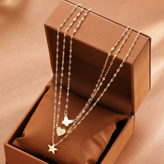 New Fashion Ins Five-Pointed Star Butterfly Necklace 3-Piece Set Niche Exquisite High-End Pendant Multi-Layer Necklace