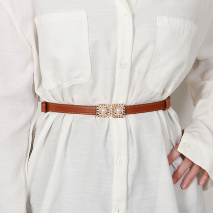 2pcs Pearl Buckle Belt New style women's belts women's elastic belts fashionable elastic pearl button coat dress versatile accessories