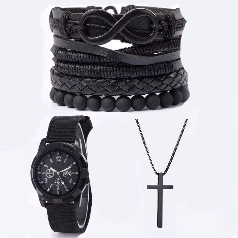 6pcs Set Fashionable Pu Leather 8 Shape Beaded Bracelet With Mechanical Watch Cross Pendant Necklace For Men, Black Colored