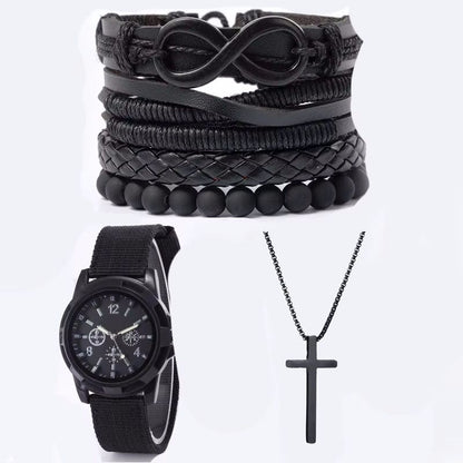 6pcs Set Fashionable Pu Leather 8 Shape Beaded Bracelet With Mechanical Watch Cross Pendant Necklace For Men, Black Colored