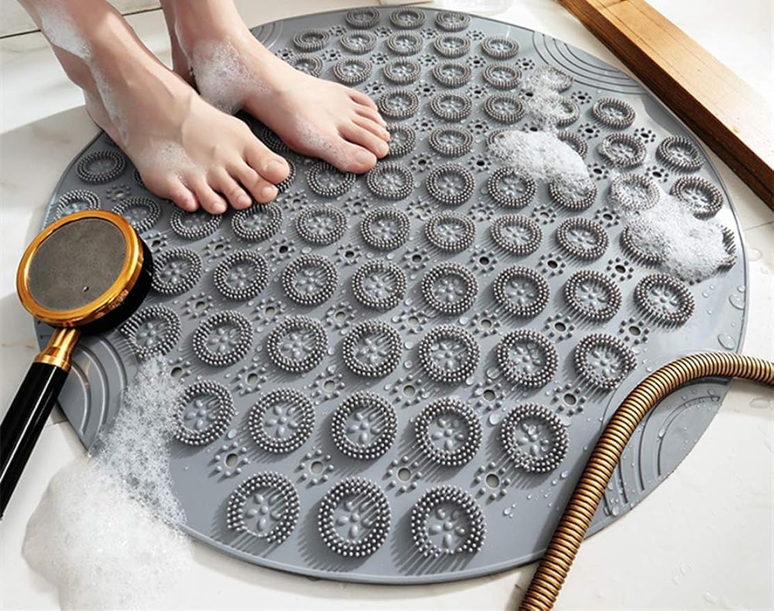 Shower Mat, Round Shower Stall Mat, PVC Bathtub Mat, Non Slip Bath Mat with Suction Cups and Drain Holes, Machine Washable for Bathroom Bathtub Swimming Pool