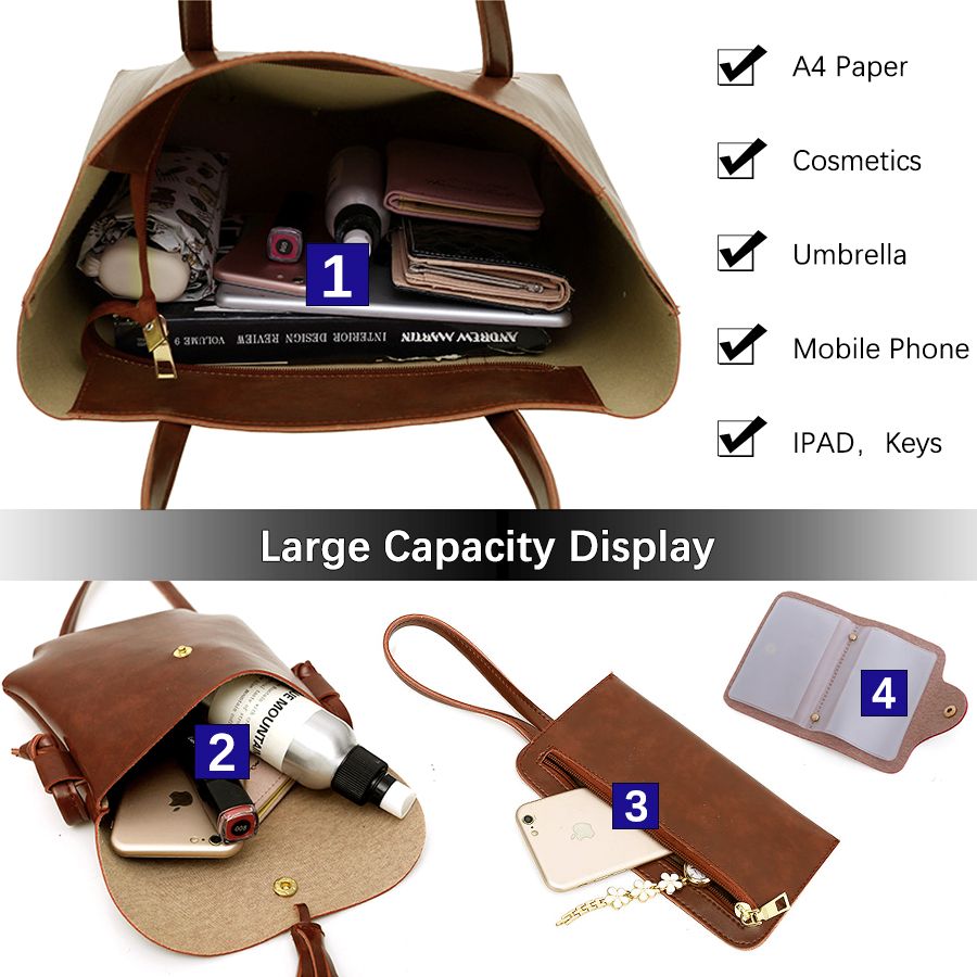 4 In 1 Ladies Shoulder Bag Cross-body bag Purse Bag Set Women Handbag Zipper Tote Bag Large Capacity Waterproof PU Leather Bag Kings Fashion