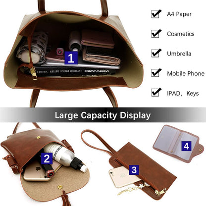 4 In 1 Ladies Shoulder Bag Cross-body bag Purse Bag Set Women Handbag Zipper Tote Bag Large Capacity Waterproof PU Leather Bag Kings Fashion