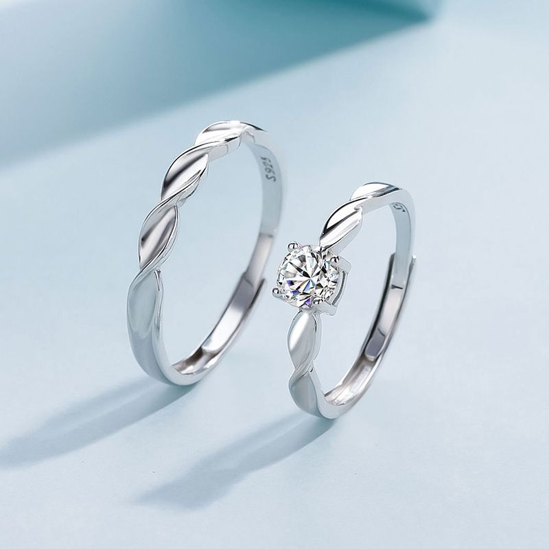 2 PCS Couple Rings Set Shining Galaxy Couple Rings Light Luxury Twisted Design Diamond Ring Valentine's Day 520 Gift Men And Women Jewelry Rings Adjustable 925 Silver Ring Anniversary Gift