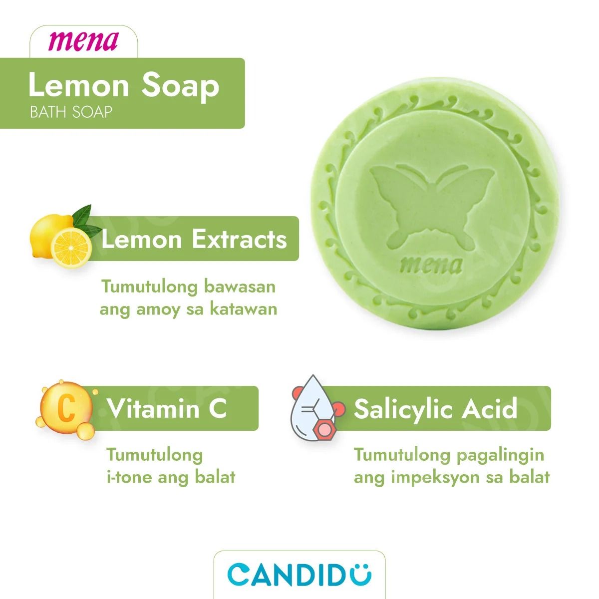 Lemon Soap Mena Antibacterial Brightening Body & Face Bar 150 g – Salicylic Acid & Vitamin C Infused Natural Citrus Cleanser for Fresh, Smooth Skin