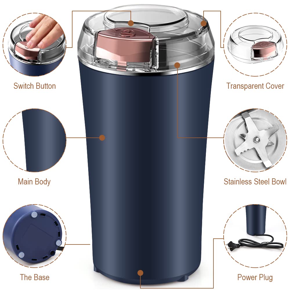UPHUI Electric Coffee Grinder Spice Grinder Coffee Bean And Vanilla Grinder Equipped With A Brush Spoon And One Button Stainless Steel Grinding Suitable For Vanilla Peanut Grain And Bean Grinding