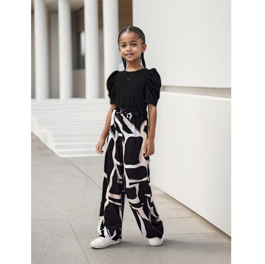 Two-Piece Set(T-shirt+Pants) Girls' Summer - Bubble Sleeve Top & Floral Print Wide Leg Pants, Trendy Casual Outfit for Kids with Vintage Chic Style