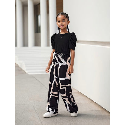 Two-Piece Set(T-shirt+Pants) Girls' Summer - Bubble Sleeve Top & Floral Print Wide Leg Pants, Trendy Casual Outfit for Kids with Vintage Chic Style
