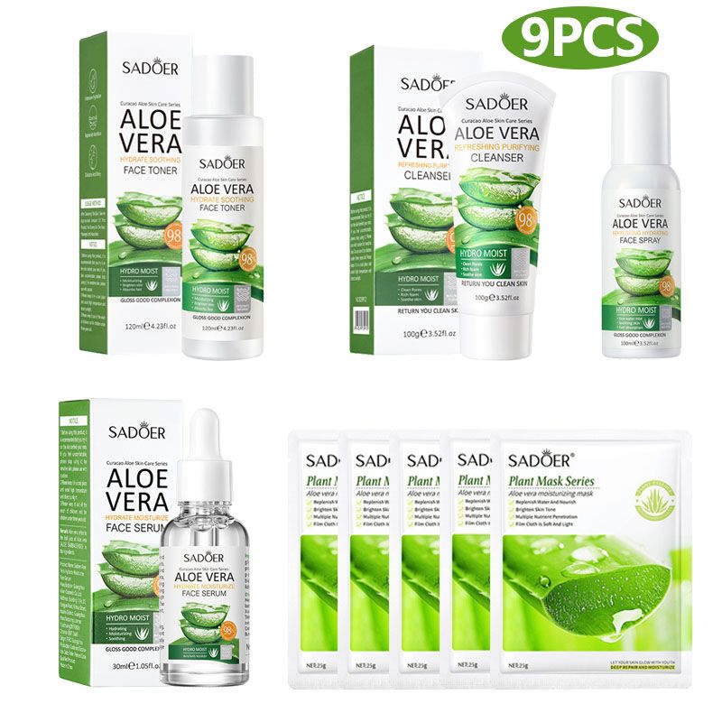 SADOER 9PCS Skin Care Set Aloe Vera Set Hydrating Face Toner + SADOER Face Cleanser + SADOER Face Serum + Face Spray + 5PCS Face Mask
