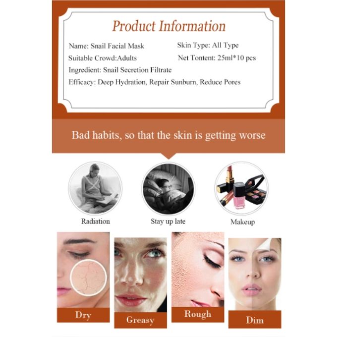 10Pcs Snail Facial Face Mask Sheet Anti-Wrinkle Repair Whitening Oil Control Moisturizing Face Skin Care