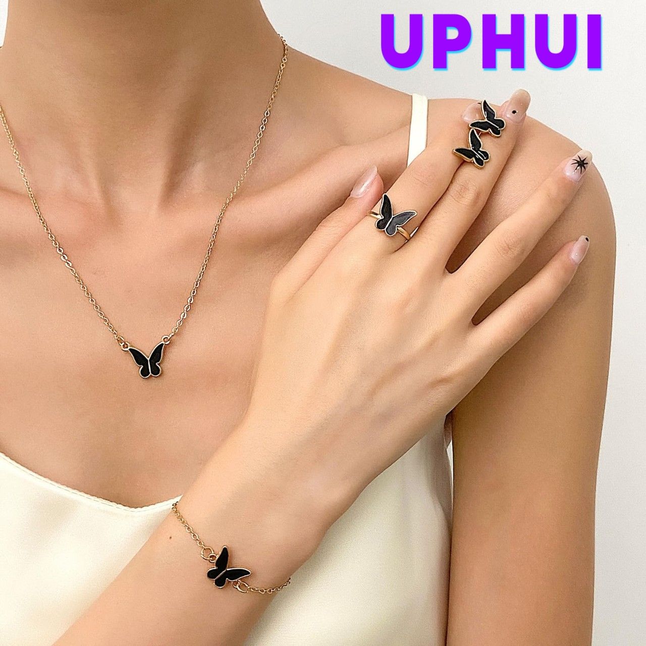 UPHUI 5-piece Women's Jewelry Set Earrings Necklaces Bracelets Rings Fashion Butterfly Jewelry Set Women's Butterfly Jewelry Couple Gifts