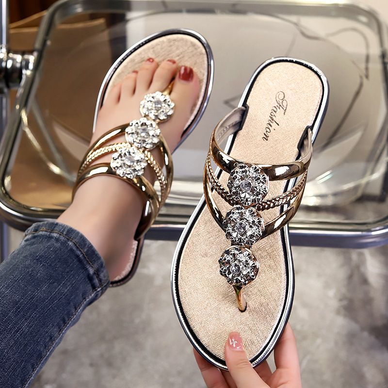 Size 38-43 Women's slippers sandals girls outdoor pinch-foot flat ladies shoes flower flip-flops students outside wear Flip Flops open shoes gold