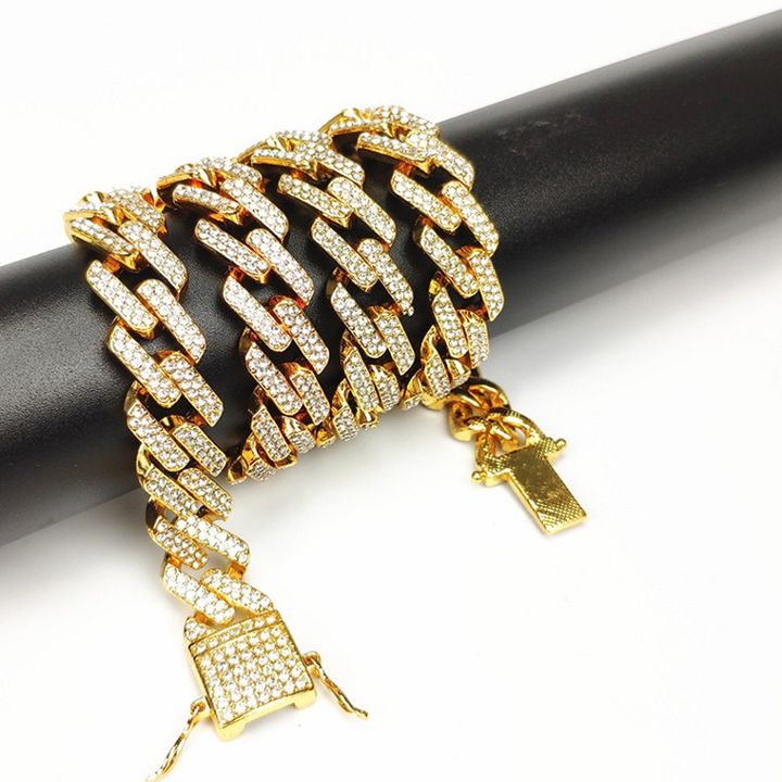 Luxury High Quality Iced Out 15mm Miami Cuban Link Chain Necklace Bracelet Rhinestone Bling Hip Hop