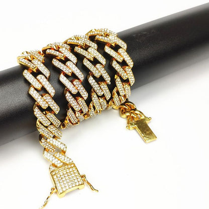 Luxury High Quality Iced Out 15mm Miami Cuban Link Chain Necklace Bracelet Rhinestone Bling Hip Hop