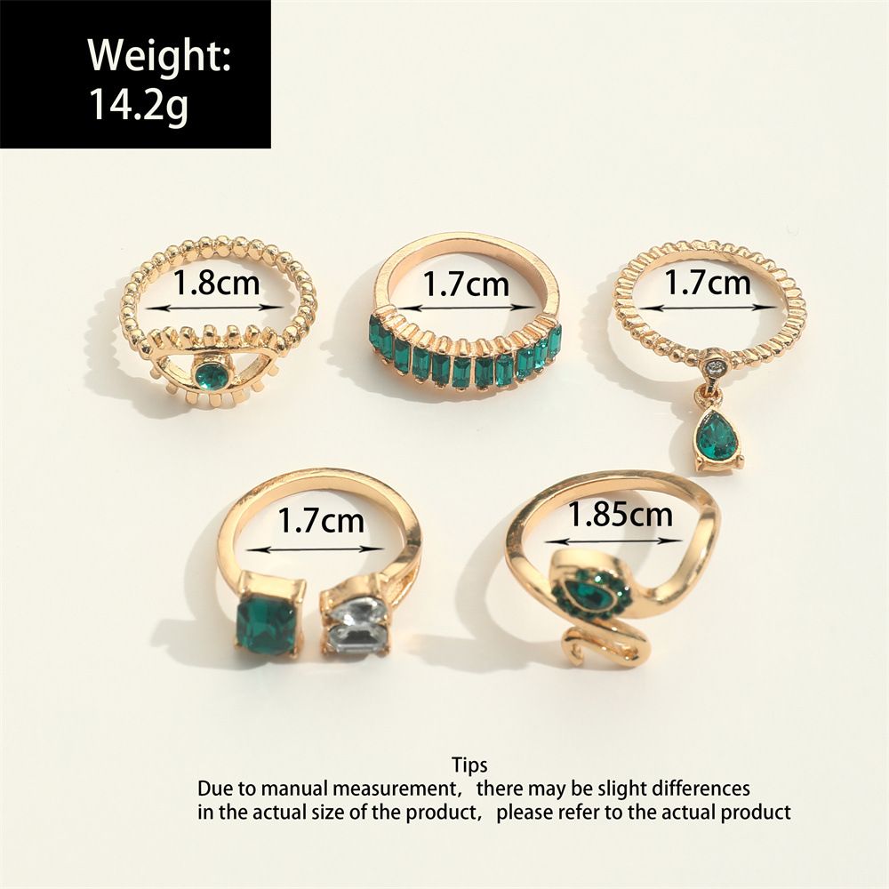 ZHJH 5PCS Rings Set Retro Imitation Gemstone Diamond Serpentine Water Drop Pendant Ring Creative Fashion Joint Ring Alloy Personalized Chain Open Ring Full Diamond Adjustable Any Size