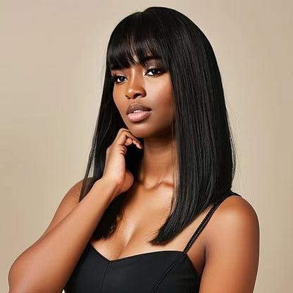 Long straight synthetic bangs medium long hair black wigs for women