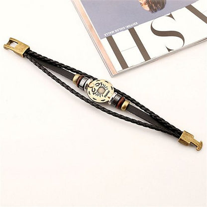 12 Constellations Multi-layer Leather Cuff Chain Lucky Charm Fashion Bronze Alloy Buckles Bracelets