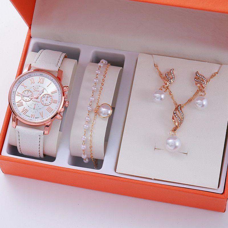 4-Piece Set of Watch and Jewelry Set Women's high-end quartz watch with pearl necklace earrings and braclet set